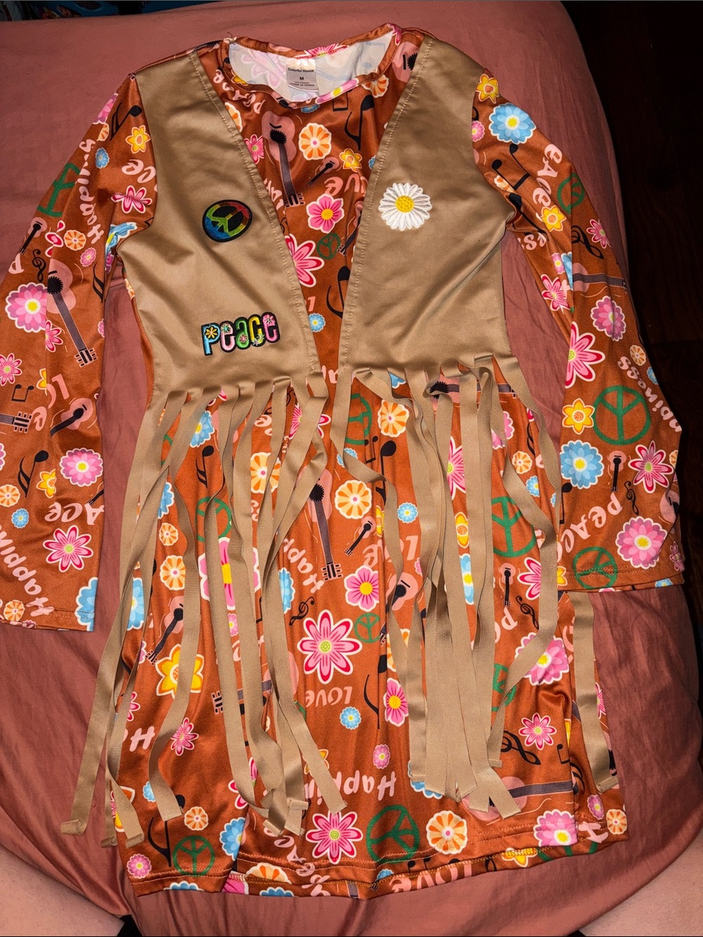 Juniors Halloween  Peace & Flower Power Hippie Dress w/  Fringe Vest size M